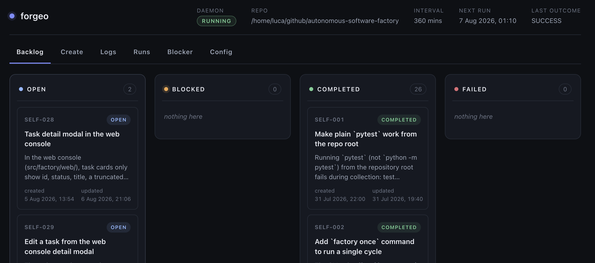Forgeo web console dashboard